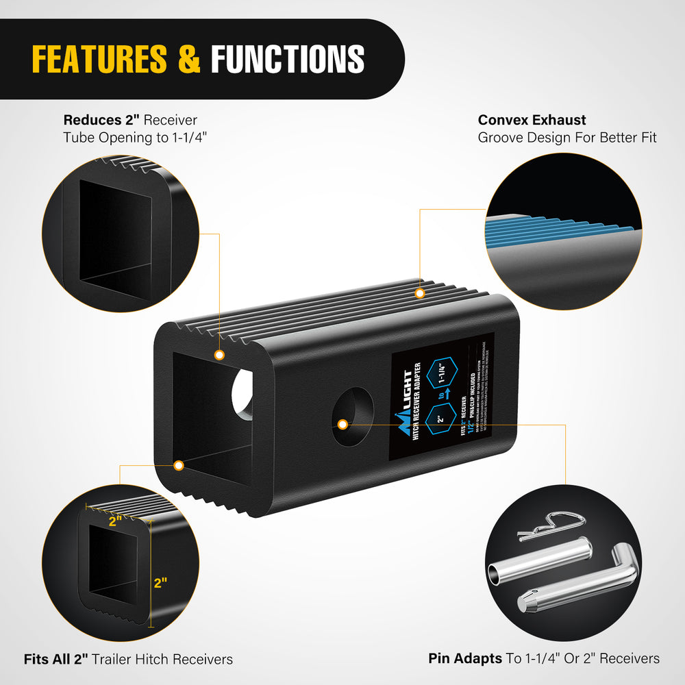 Nilight Trailer Hitch Receiver Extender Adapter Reducer 2 to 1-1/4 Inch Sleeve Convertor Receiver Aluminum Towing Accessories for Tractor Bucket RV Truck Bike Rack Cargo Carriers