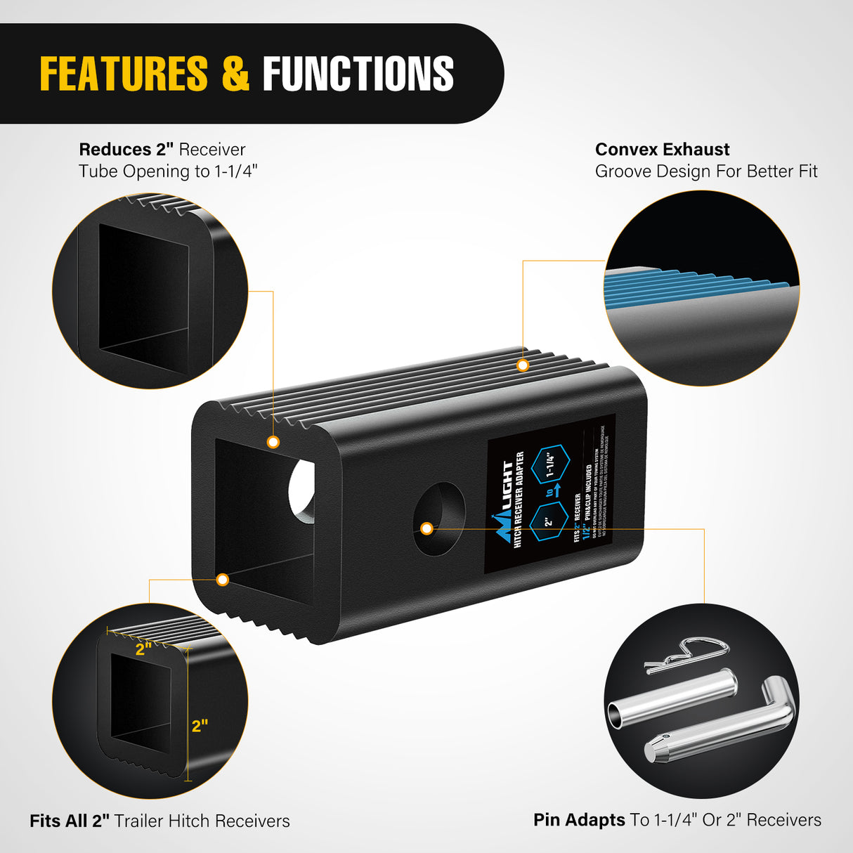 Nilight Trailer Hitch Receiver Extender Adapter Reducer 2 to 1-1/4 Inch Sleeve Convertor Receiver Aluminum Towing Accessories for Tractor Bucket RV Truck Bike Rack Cargo Carriers