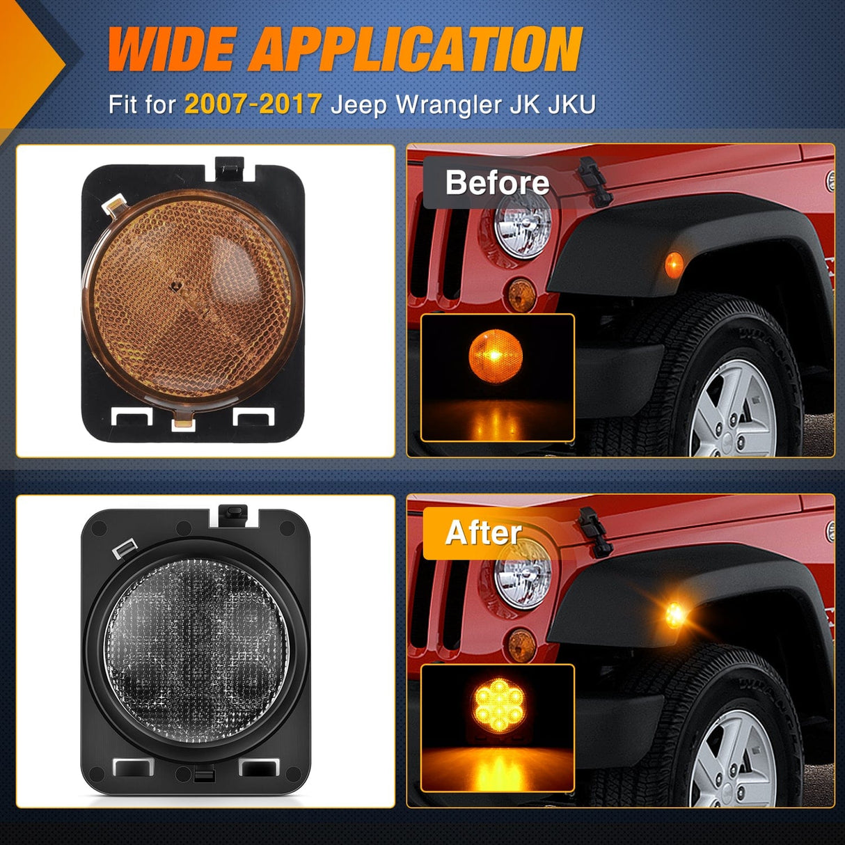 Side Marker Clearance Lights 2007-2017 Jeep Wrangler JK JKU 8LED Smoked Lens Amber Side Marker Light