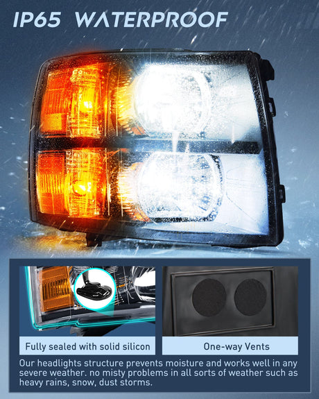 Headlight Assembly Headlight and Taillight Assembly Compatible with 2007 2008 2009 2010 2011 2012 2013 Silverado 1500 2007-2014 Silverado 2500HD 3500HD Black Housing Amber Reflector with Red Housing Tail Light