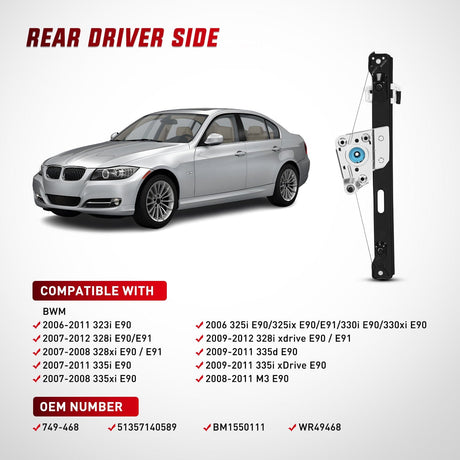 Window Regulator 749-468 Rear Driver Side Power Window Regulator,Compatible with BMW E90 E91 323i 325i 325xi 328i 328i xDrive 330i 330xi 335i 335xi M3 2006 2007 2008 2009 2010 2011