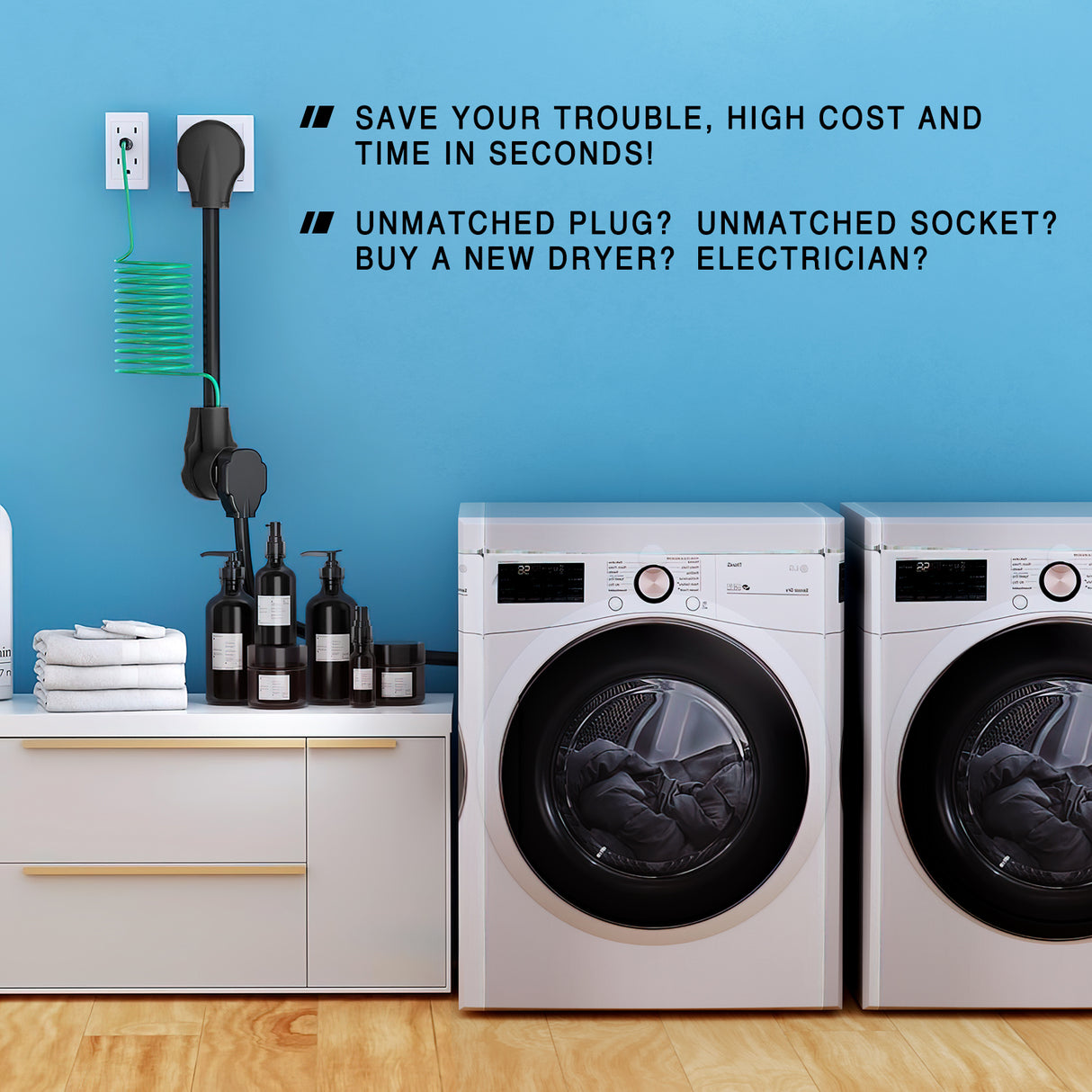 EV Dryer Adapter Cord 30 Amp to 30Amp 3 Prong 125V 3750 Watt Pure Copper Dryers Old Outlet New Plug Conversion Heavy Duty 10 Gauge Wires 10-30P to 14-30R 30M/30F