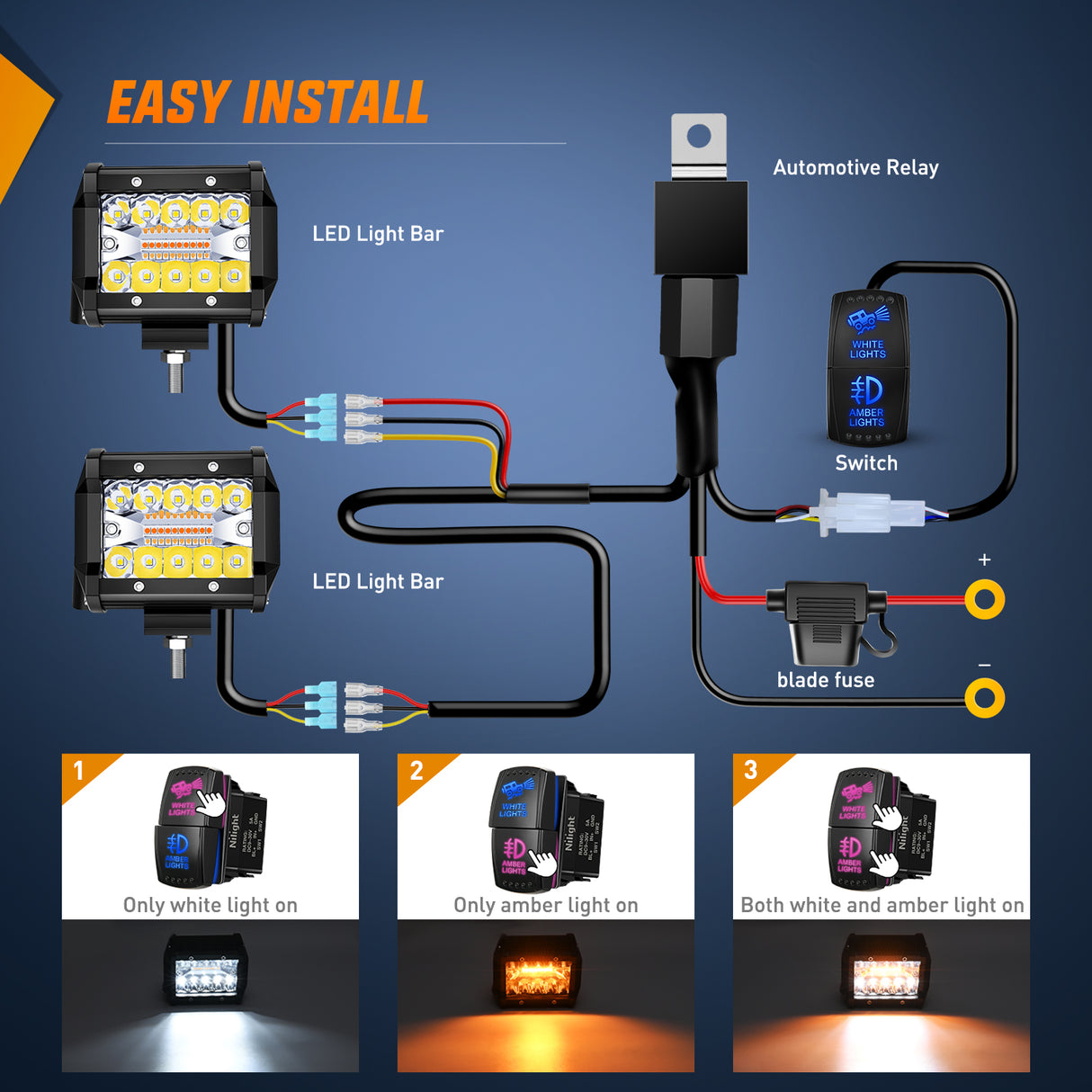 Nilight 4Inch Off-Road LED Light Bar, 2PCS 60W 3 Lighting Modes (White/Amber/White&Amber) Driving Fog Light Spot Flood Lights with 18AWG Wiring Harness for Truck Car ATV SUV Jeep Boat