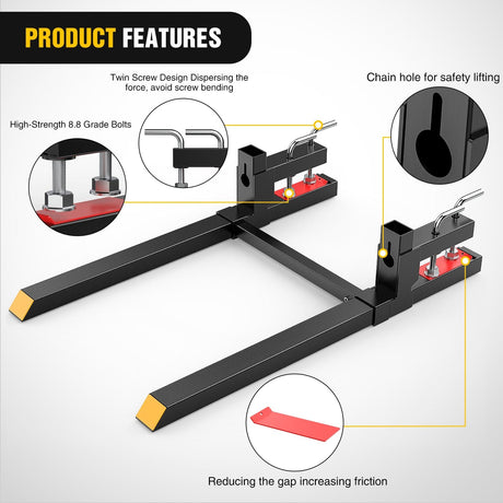 Tractor Hook 43Inch 2000lbs Clamp on Pallet Forks Heavy Duty Tractor Forks with Adjustable Stabilizer Bar