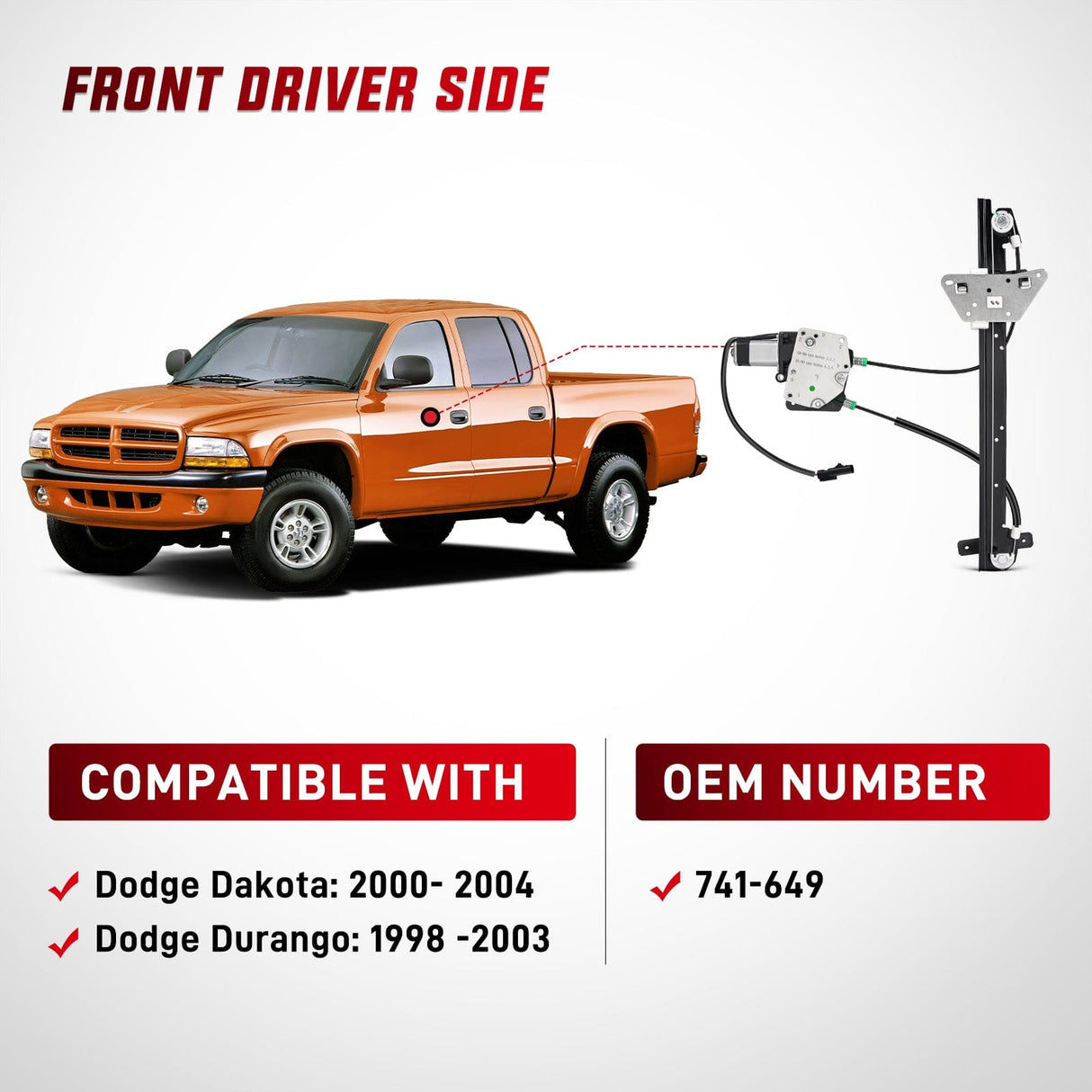 Window Regulator 741-649 Power Window Regulator and Motor Front Driver Side Compatible with Dodge Dakota 2000 2001 2002 2003 2004,Dodge Durango 1998 1999 2000 2001 2002 2003,Front Left Side
