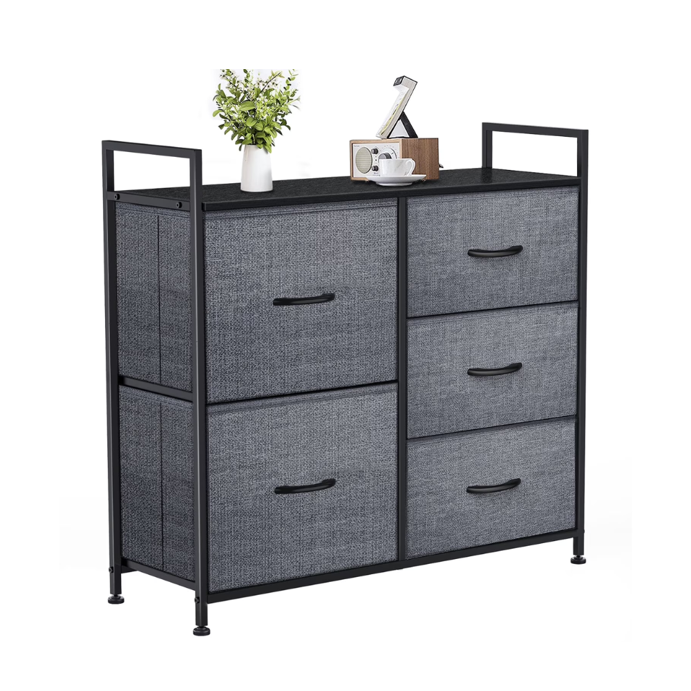 Pre-Owned 5-Drawer Plastic Storage Tower Organizer with Fabric Bins & Sturdy Metal Frame - Compact Space-Saving Design for Bedroom, Closet, Living Room