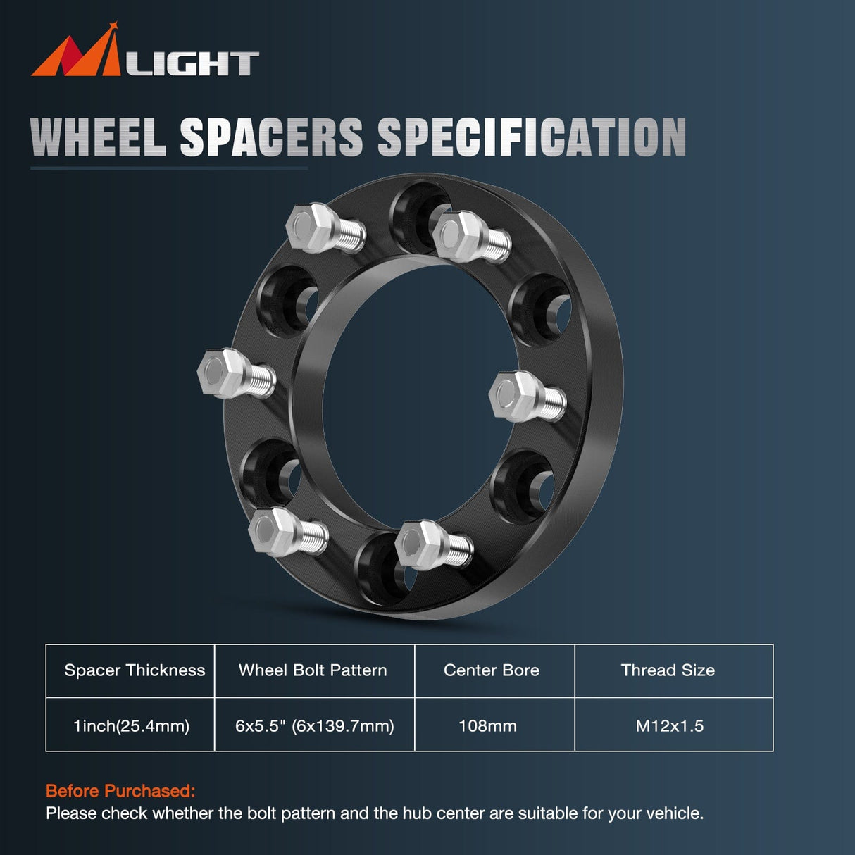 Wheel Spacers 1inch (25mm) Wheel Spacers 4Pcs For 1995-2023 Toyota Tacoma 4Runner FJ Cruiser Tundra Fortuner Sequoia Land Cruiser | 6x139.7 | 108 Hub Bore | 12x1.5 Studs
