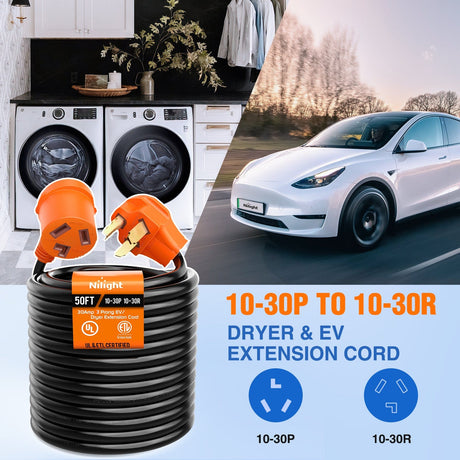 RV Parts 50FT EV Dryer Extension Cord 3 Prong 30 Amp NEMA 10-30P 10-30R Old Extensions Cable Heavy Duty 10 Gauge Pure Copper Wire UL Listed 125/250V for Level 2 Using30 Amp 25FT 3 Prong EV Dryer Extension Cord