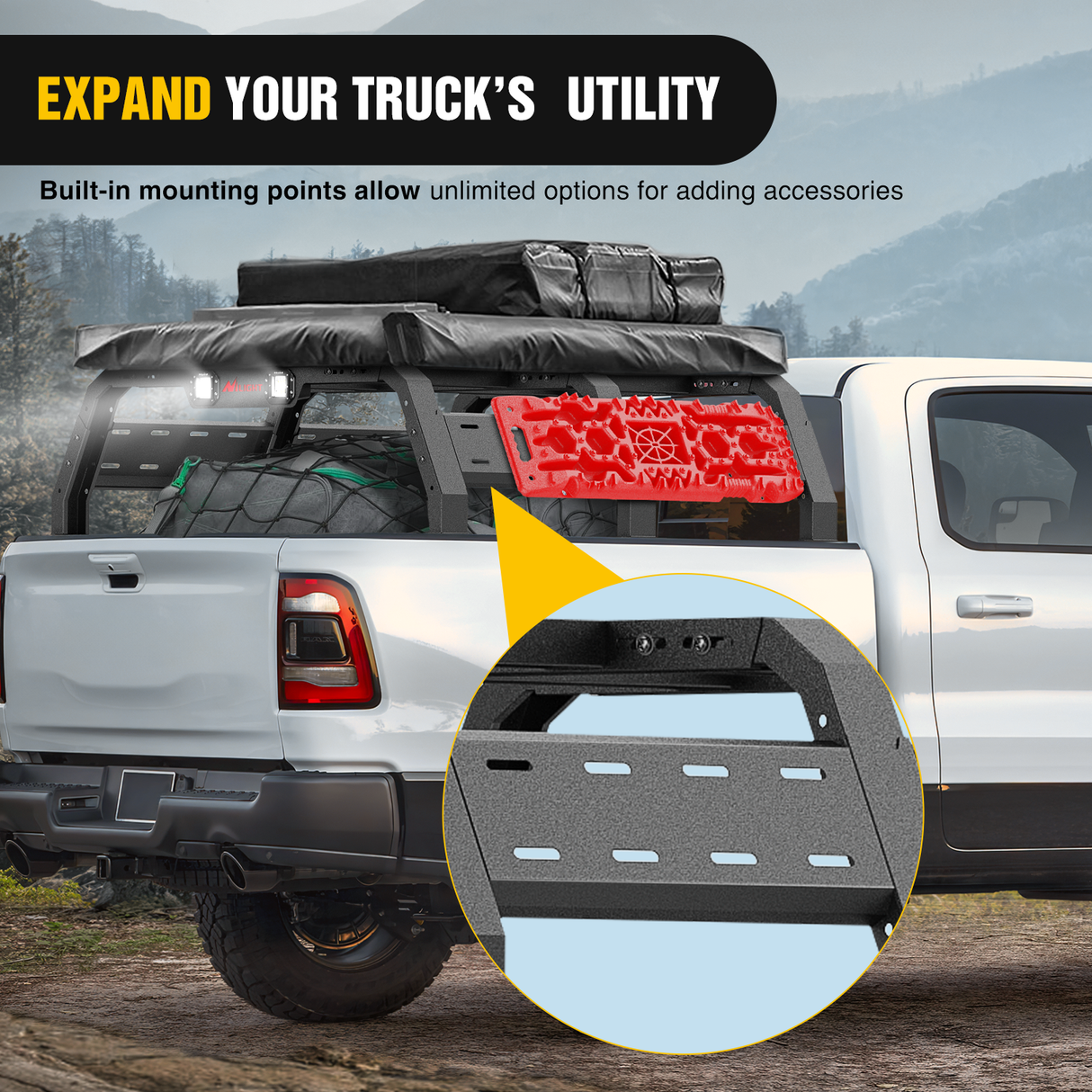 Nilight Truck Bed Cargo Rack Compatible with 2002-2024 Dodge Ram 1500 2014-2024 Chevy Silverado 1500 2009-2024 Ford F150 2007-2013 Toyota Tundra Overland Extender with 2Pcs LED Light Pods