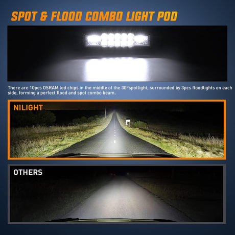 LED Light Bar LED Pods 2PCS 6 Inch 60W Flood Spot Beam Combo Light Bar Driving Fog Off Road Lighting 12V 24V for Trucks UTV ATV Marine Boat Golf Cart Trailer