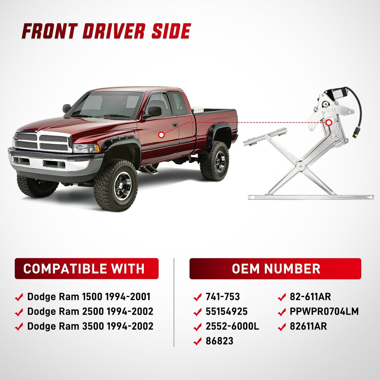 Window Regulator 741-753 Power Window Regulator and Motor Front Driver Side Compatible with Dodge Ram 1500 1994 1995 1996 1997 1998 1999 2000 2001,Ram 2500 3500 1994-2002,Front Left Side
