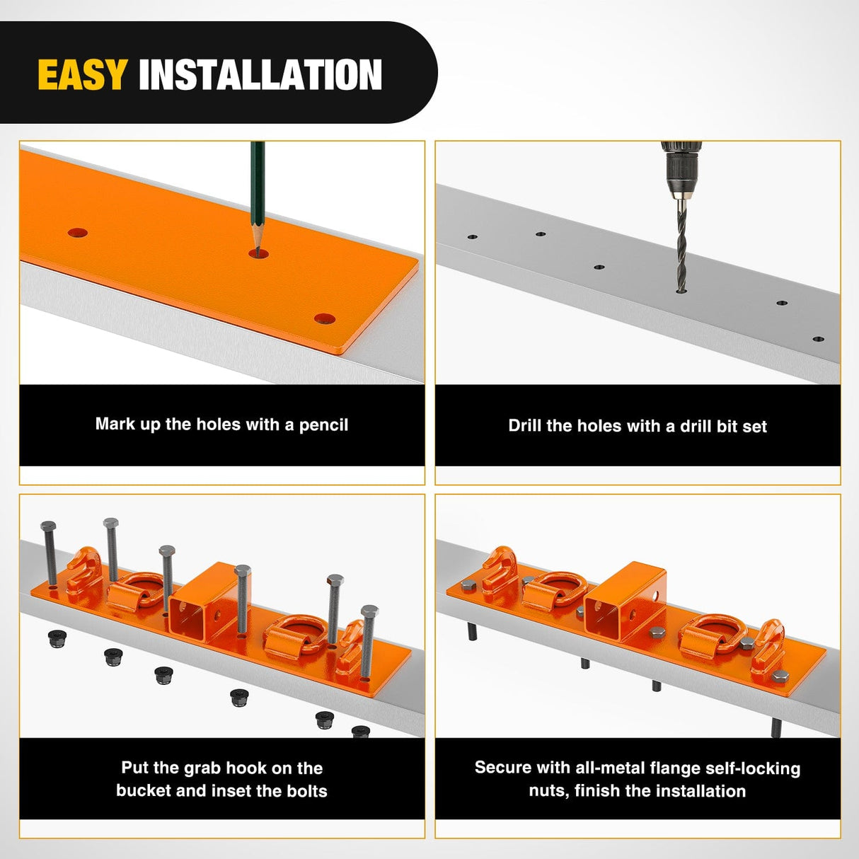 Tow Hooks & Truck Tie Downs & Anchors 3/8Inch Tractor Bucket Grab Hooks with 1/2Inch Tie Down Ring and 2Inch Receiver Grade 70 Forged Steel Bolt-On for John Deere Compact Tractor Bucket RV UTV Truck Max 4700LBS, Orange