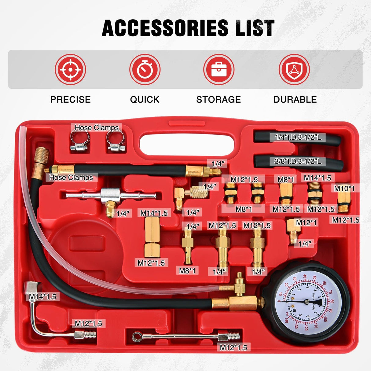 inflator 20pcs 0-100 PSI Fuel Injection Pump Pressure Gauge Petrol Engine Diagnostic Tester Kit