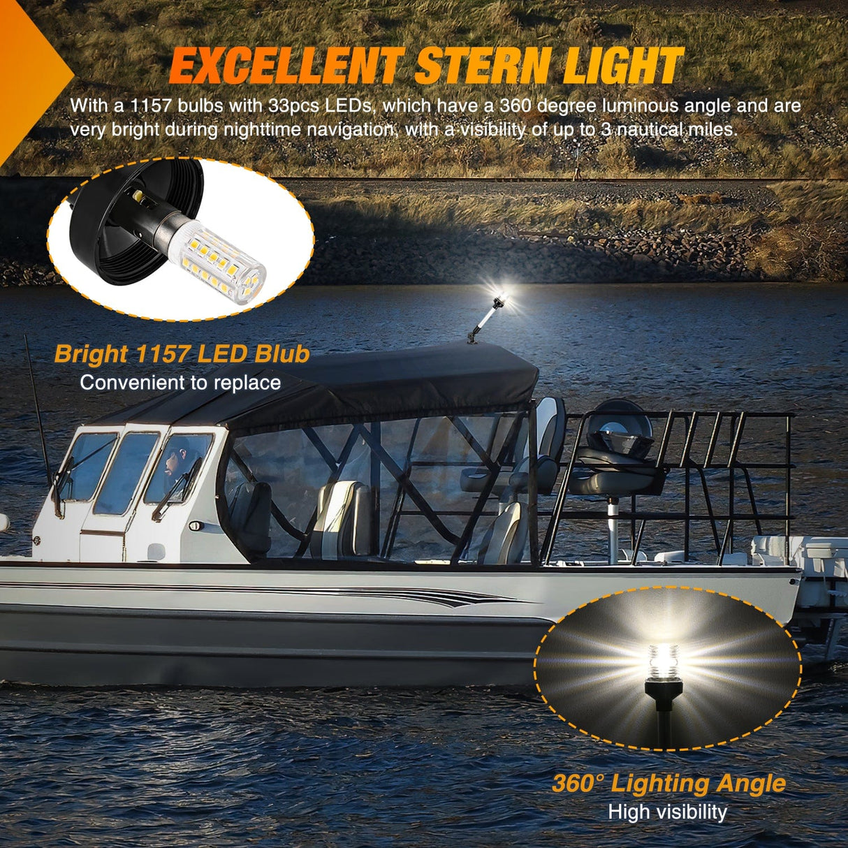 LED Work Light 12 Inch White Folding Stern Light for Marine Boats