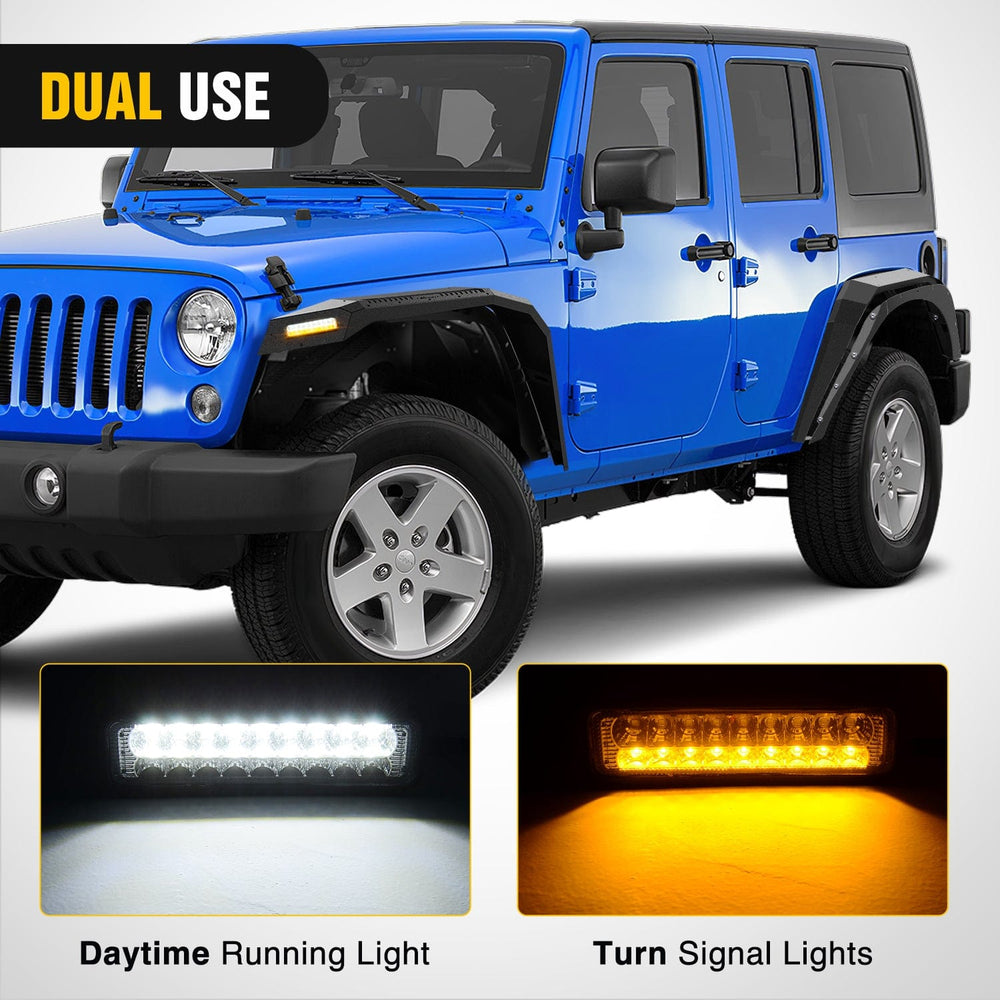 Fender 2007 2008 2009 2010 2011 2012 2013 2014 2015 2016 2017 2018 Jeep Wrangler JK 2 Door Wide Flat Front & Rear Fender Flares w/LED Lights Turn Signal Lights DRL