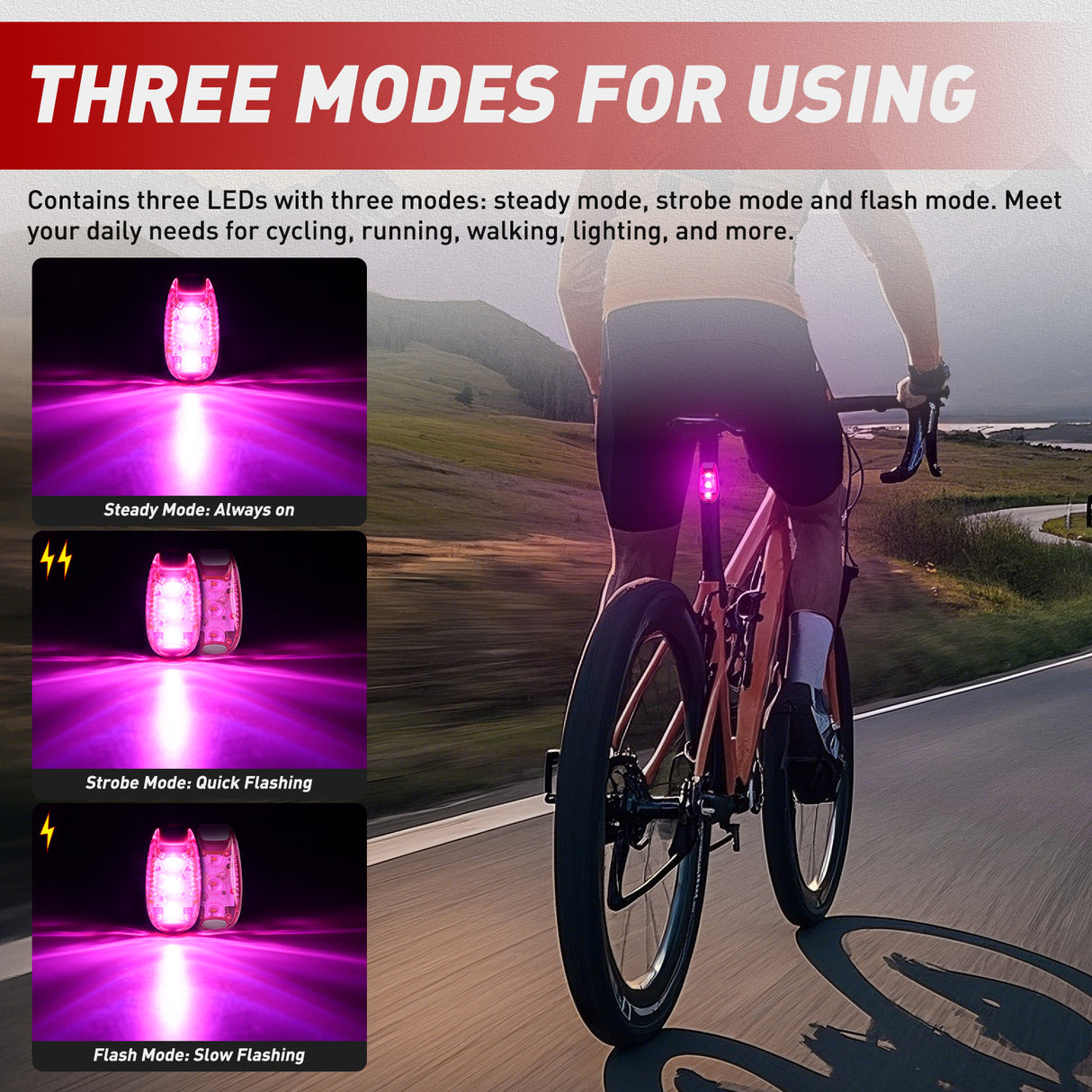 LED Safety Light 4PCS Pink Marine Navigation Bike Tail Lights Three Modes Waterproof Reflective Gear Clip On Flash Strobe Indicator Lamp for Night Boating Fishing Cycling Jogging