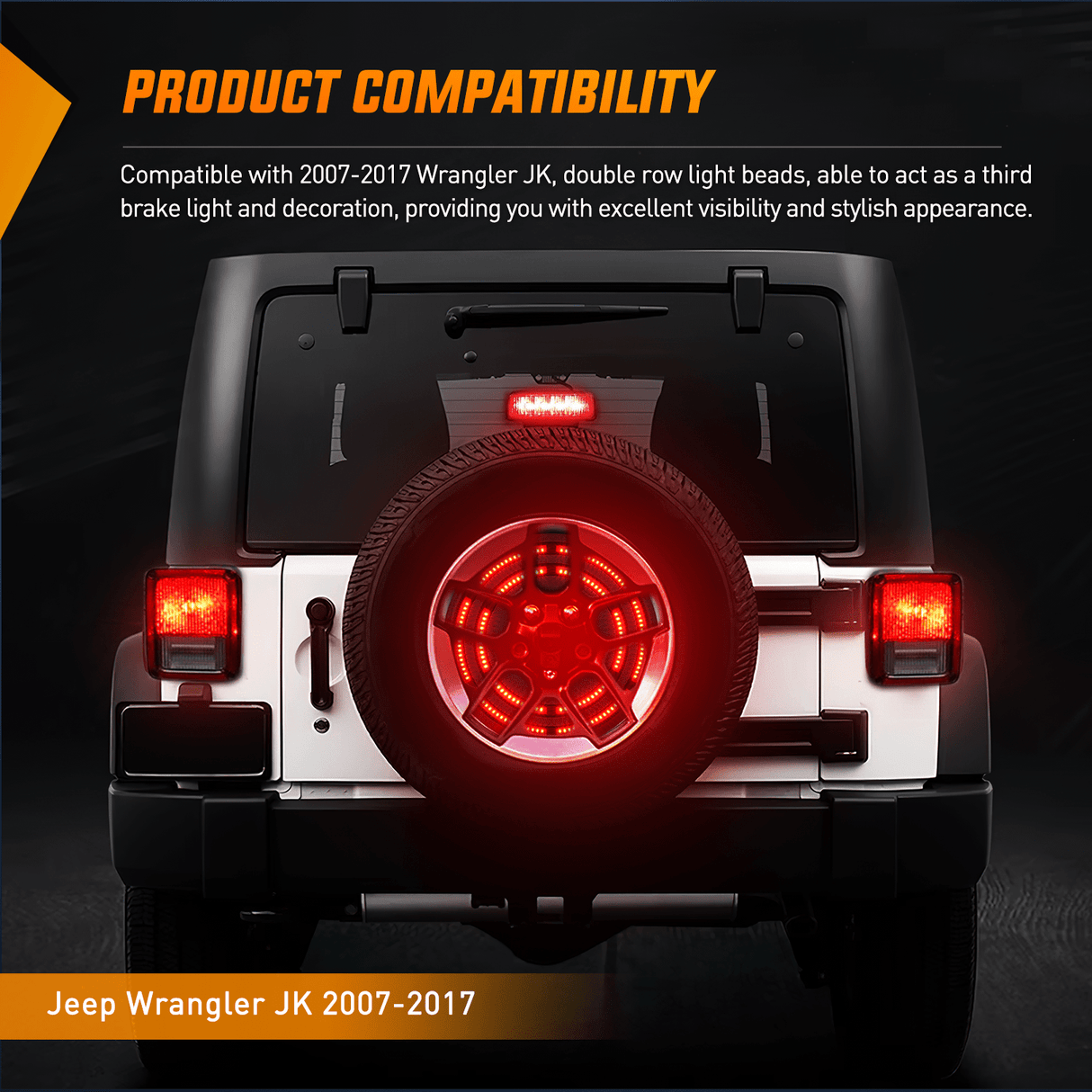 Tail Brake Turn Reverse Lights Spare Tire Brake Light Red Double Row LED Ring 3rd Third Stop Rear Wheel Lights Plug and Play Fit for 2007-2017 Jeep Wrangler JK JKU