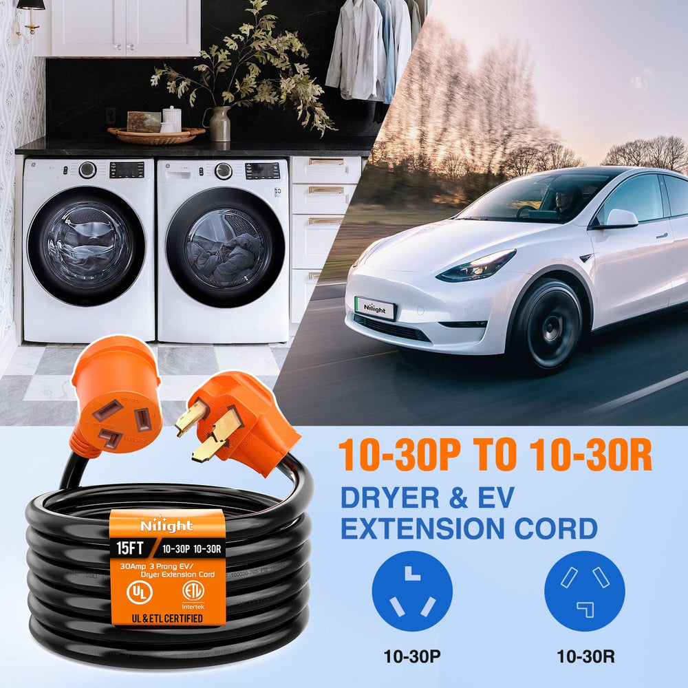 RV Parts 15FT EV Dryer Extension Cord 3 Prong 30 Amp NEMA 10-30P 10-30R Old Dryer Extension Cable Heavy Duty 10 Gauge Pure Copper Wire UL Listed 125/250V for Level 2 EV Charging