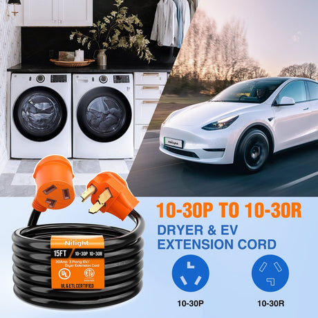 RV Parts 15FT EV Dryer Extension Cord 3 Prong 30 Amp NEMA 10-30P 10-30R Old Dryer Extension Cable Heavy Duty 10 Gauge Pure Copper Wire UL Listed 125/250V for Level 2 EV Charging