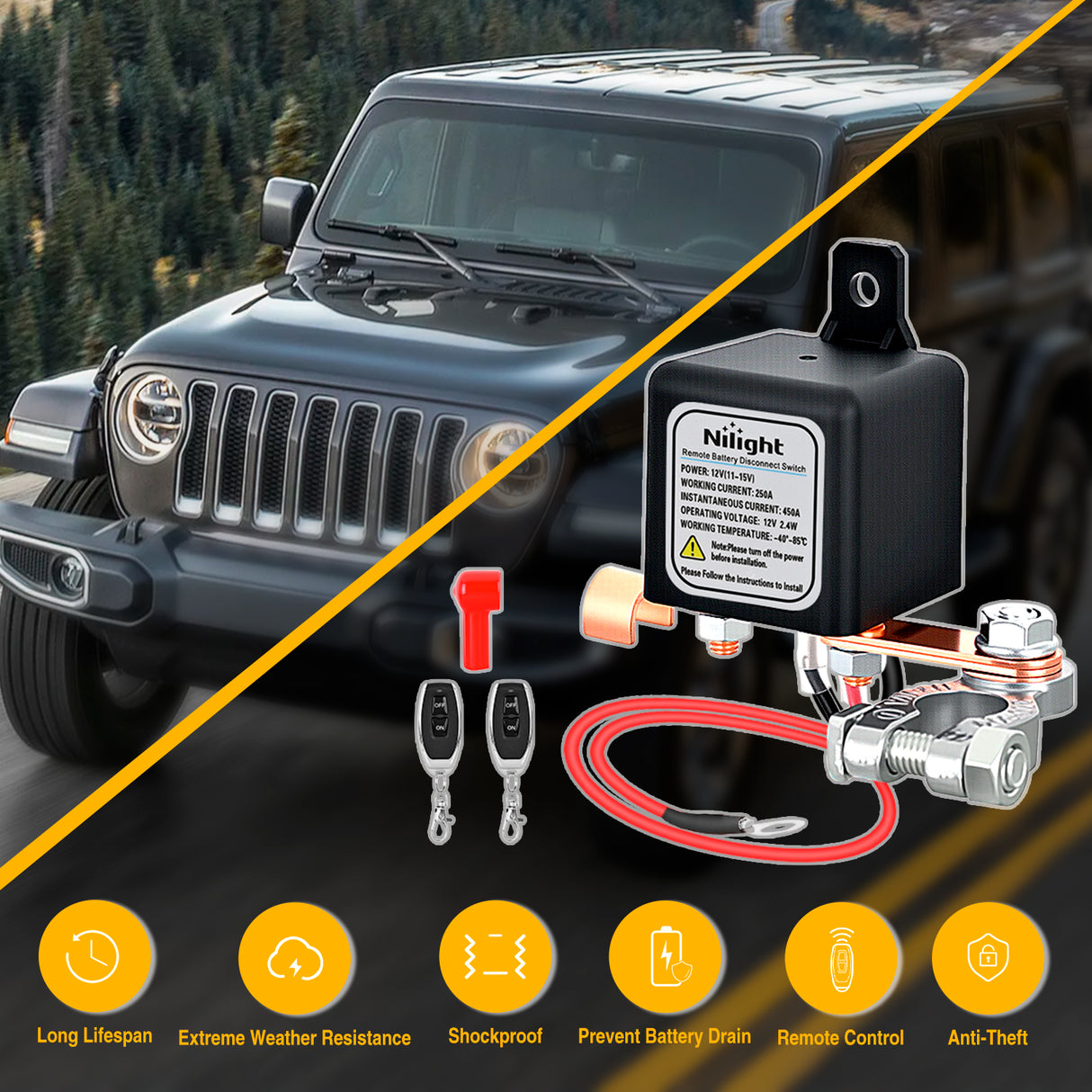 Remote Battery Disconnect Switch 12V 250A Car Anti-Theft Kill Switches Upgrade Prevent Power Drain with Wireless Remote Control Relay Fobs for Auto Truck RV Boat