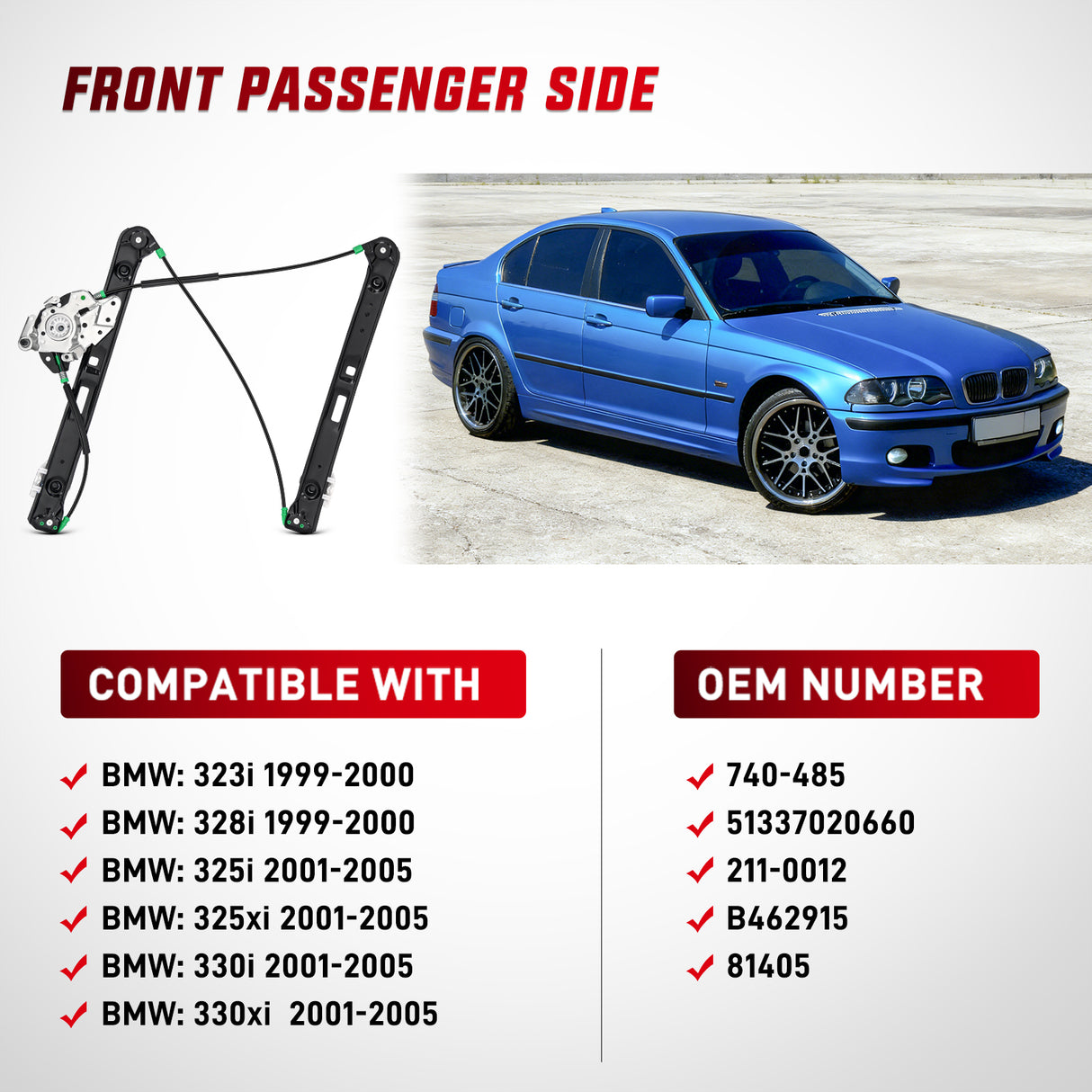 740-485 Front Passenger Side Power Window Regulator,Compatible with BMW E46 323i 325i 325xi 328i 330i 330xi 1999 2000 2001 2002 2003 2004 2005