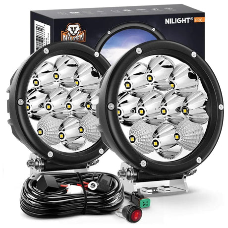 LED Light Bar 5.7 Inch 50W 6500LM Round Spot Flood LED Work Lights (Pair) | 16AWG DT Wire