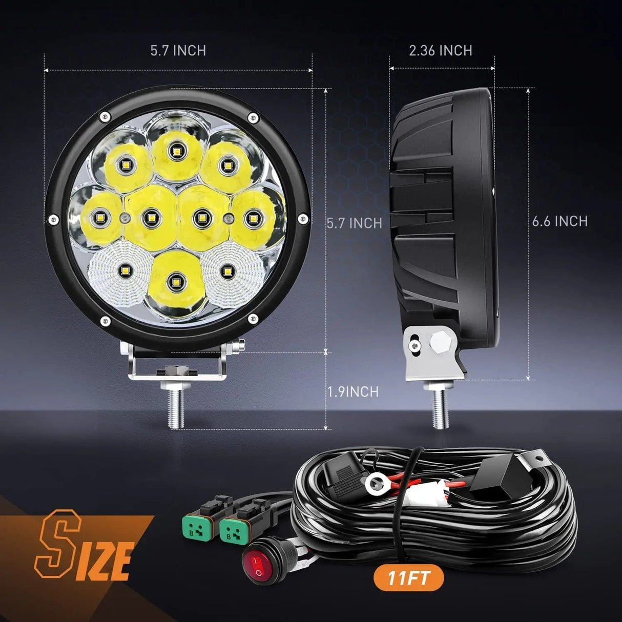 LED Light Bar 5.7 Inch 50W 6500LM Round Spot Flood LED Work Lights (Pair) | 16AWG DT Wire