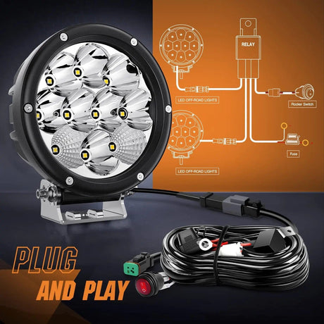 LED Light Bar 5.7 Inch 50W 6500LM Round Spot Flood LED Work Lights (Pair) | 16AWG DT Wire