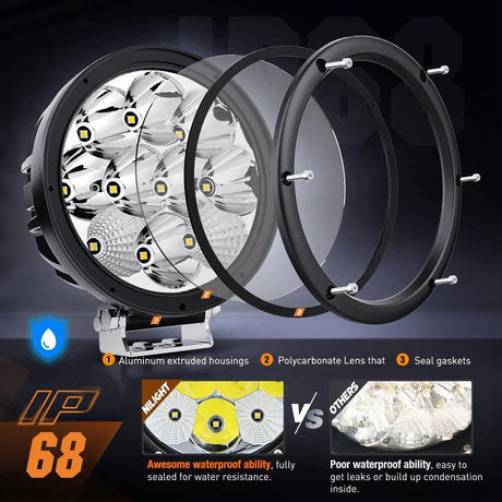 LED Light Bar 5.7 Inch 50W 6500LM Round Spot Flood LED Work Lights (Pair) | 16AWG DT Wire