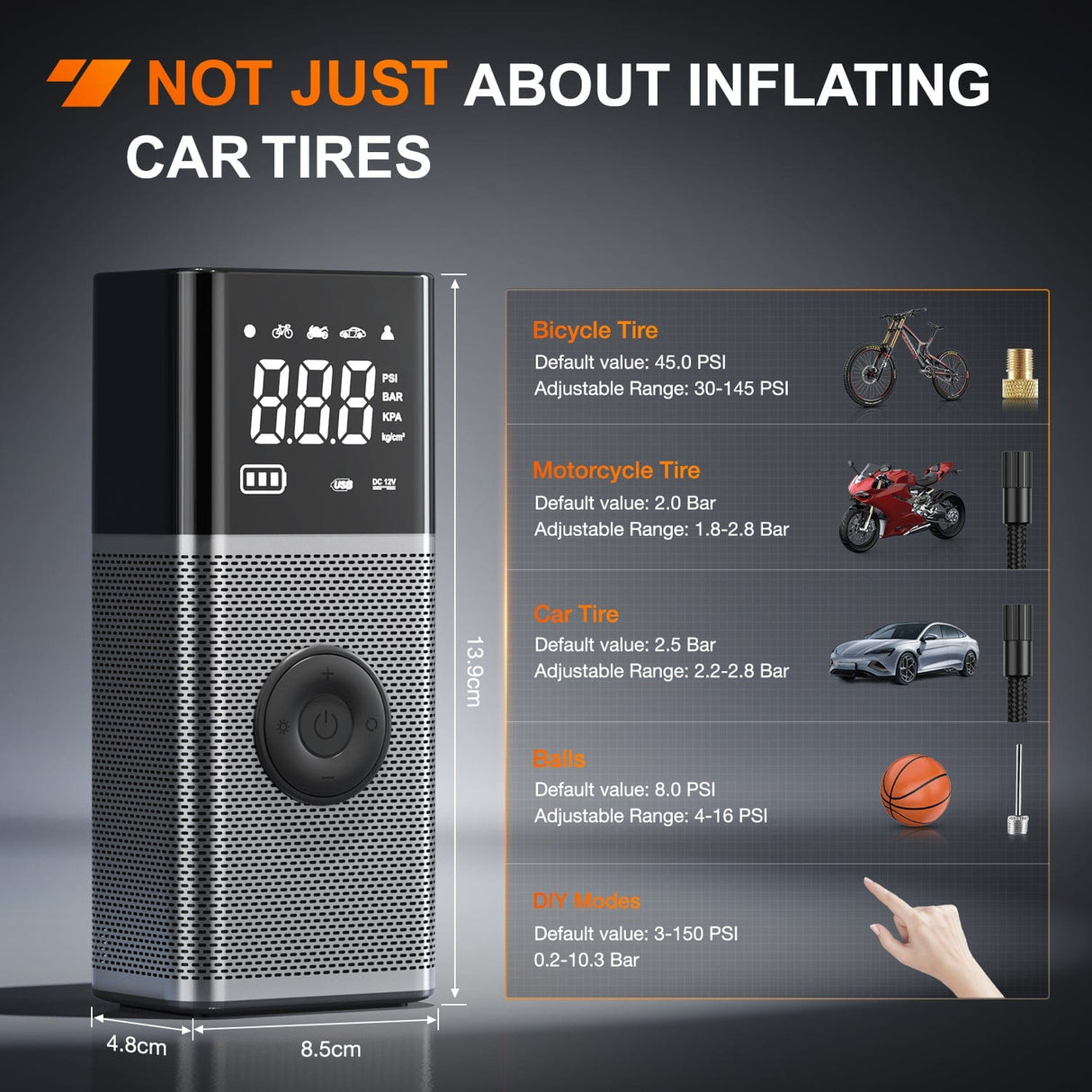 inflator Tire Inflator Portable Air Compressor Rechargeable 12VDC 150PSI Cordless Battery Cigarette Powered