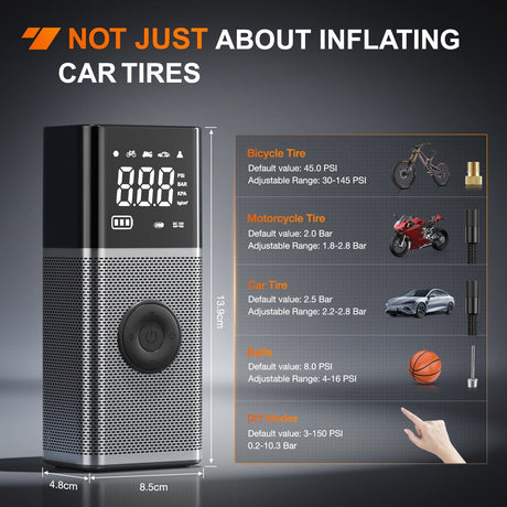 inflator Tire Inflator Portable Air Compressor Rechargeable 12VDC 150PSI Cordless Battery Cigarette Powered