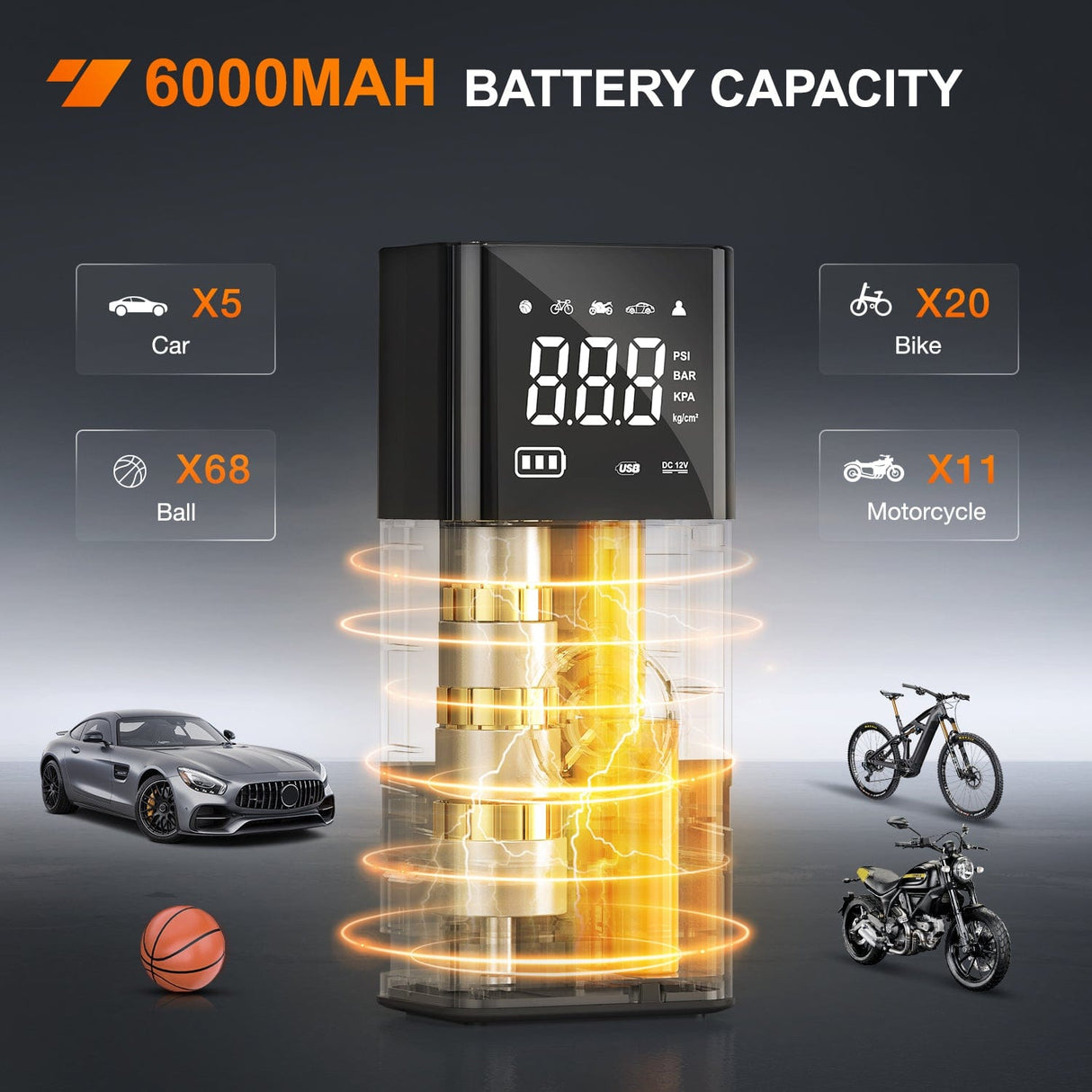 inflator Tire Inflator Portable Air Compressor Rechargeable 12VDC 150PSI Cordless Battery Cigarette Powered