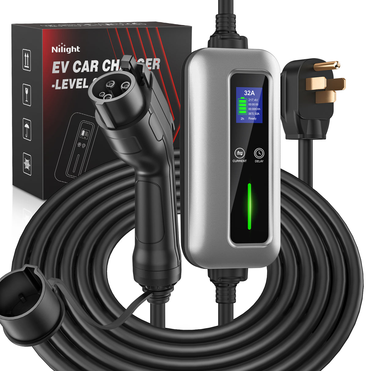 EV Charger Level 2, 32 Amp 240V, 25ft Cable SAE J1772 Portable Electric Car Charger with NEMA 14-50P Plug, Adjustable Current/Delay Timer
