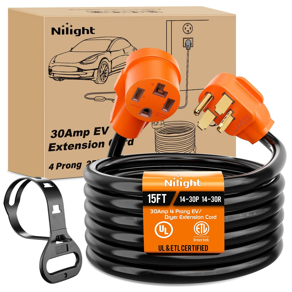 RV Parts 15FT EV Dryer Extension Cord 4 Prong 30 Amp NEMA 14-30P 14-30R Old Cable Heavy Duty 10 Gauge Pure Copper Wire UL Listed 125/250V for Level 2 Using