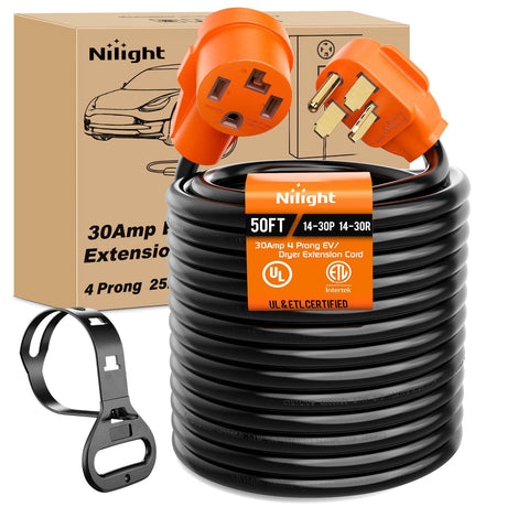RV Parts 50FT EV Dryer Extension Cord 4 Prong 30 Amp NEMA 14-30P 14-30R Old Cable Heavy Duty 10 Gauge Pure Copper Wire UL Listed 125/250V for Level 2 Using30 Amp 25FT 4 Prong EV Dryer Extension Cord