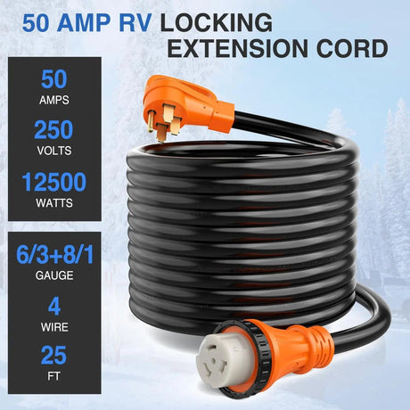 RV Parts 50 Amp 25FT RV Locking Extension Cord 250V Heavy Duty 6/3+8/1 Gauge Pure Copper STW Wire ETL Listed 4 Prong 14-50P SS2-50R 50F/50M Cable Suit for Trailer Campers Caravan