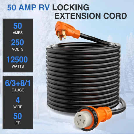 RV Parts 50 Amp 50FT RV Locking Extension Cord 250V Heavy Duty 6/3+8/1 Gauge Pure Copper STW Wire ETL Listed 4 Prong 14-50P SS2-50R 50F/50M Cable Suit for RV Trailer Campers Caravan
