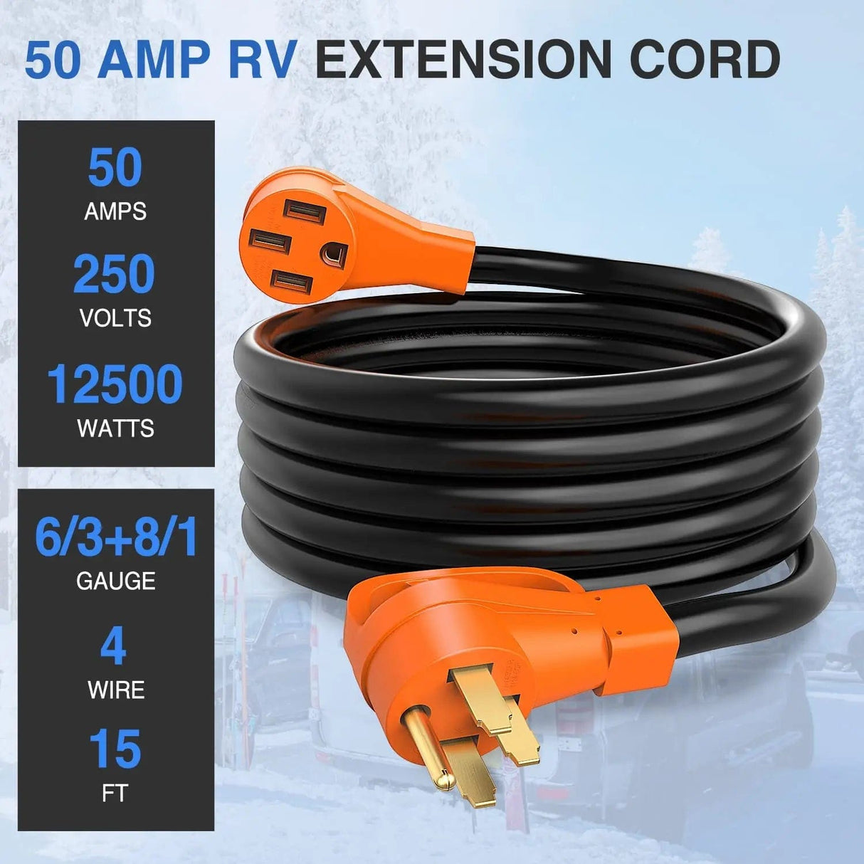 RV Parts 50 Amp15FT RV EV Extension Cord 250V Heavy Duty 6/3+8/1 Gauge Pure Copper STW Wire UL ETL Listed 4 Prong Nema 14-50P 14-50R 50F/50M Cable Suit for RVs EVs Trailer Campers
