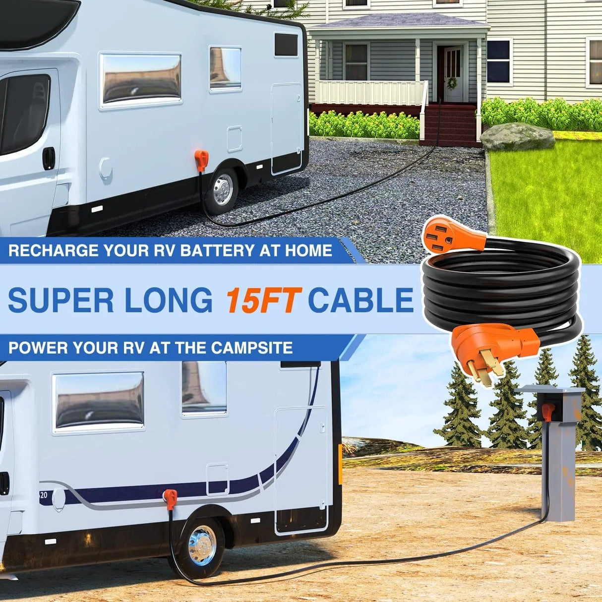 RV Parts 50 Amp15FT RV EV Extension Cord 250V Heavy Duty 6/3+8/1 Gauge Pure Copper STW Wire UL ETL Listed 4 Prong Nema 14-50P 14-50R 50F/50M Cable Suit for RVs EVs Trailer Campers