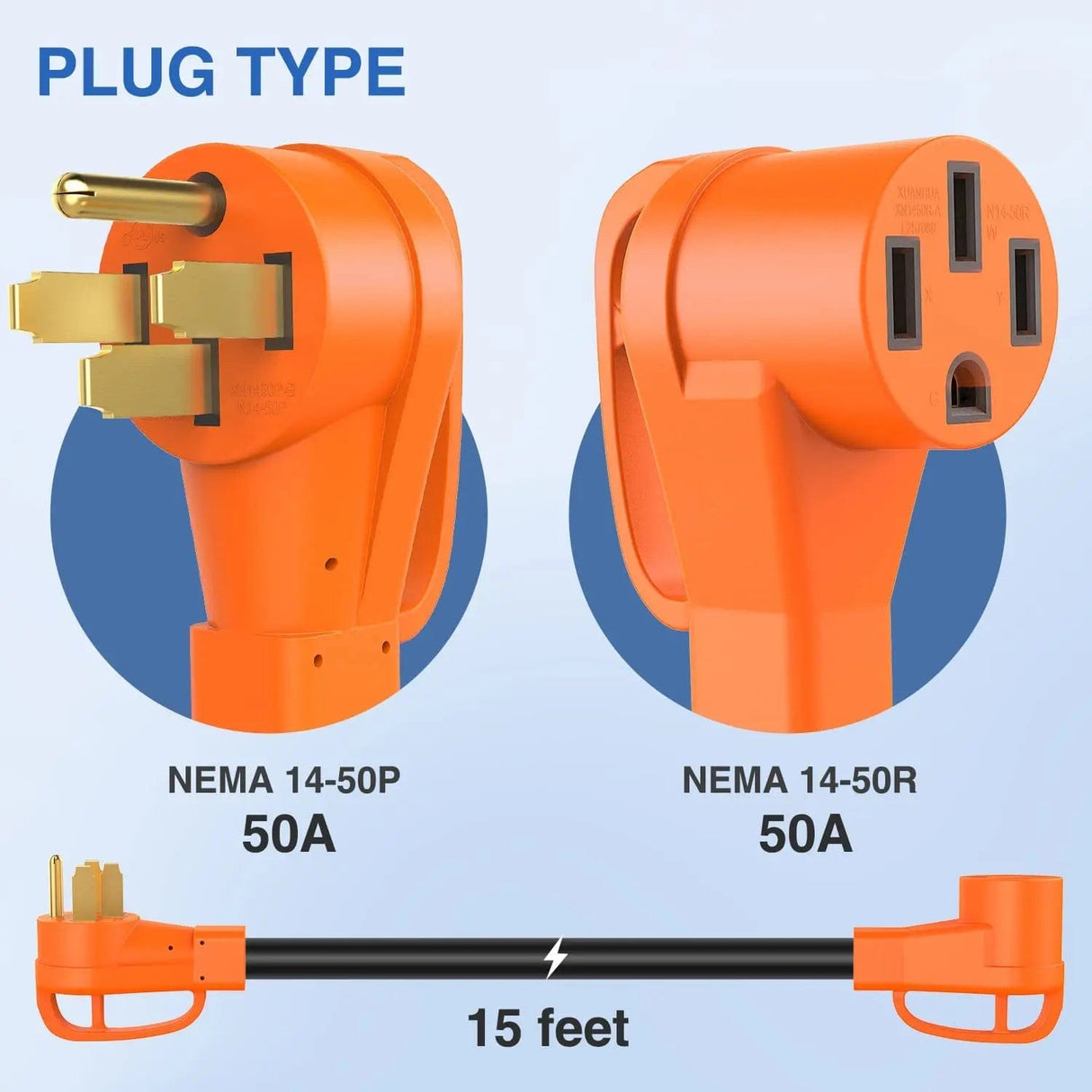 RV Parts 50 Amp15FT RV EV Extension Cord 250V Heavy Duty 6/3+8/1 Gauge Pure Copper STW Wire UL ETL Listed 4 Prong Nema 14-50P 14-50R 50F/50M Cable Suit for RVs EVs Trailer Campers