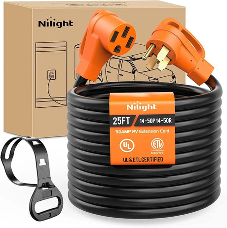 RV Parts 50 Amp 25FT RV EV Extension Cord 250V Heavy Duty 6/3+8/1 Gauge Pure Copper STW Wire UL ETL Listed 4 Prong Nema 14-50P 14-50R 50F/50M Cable Suit for RVs EVs Trailers Campers