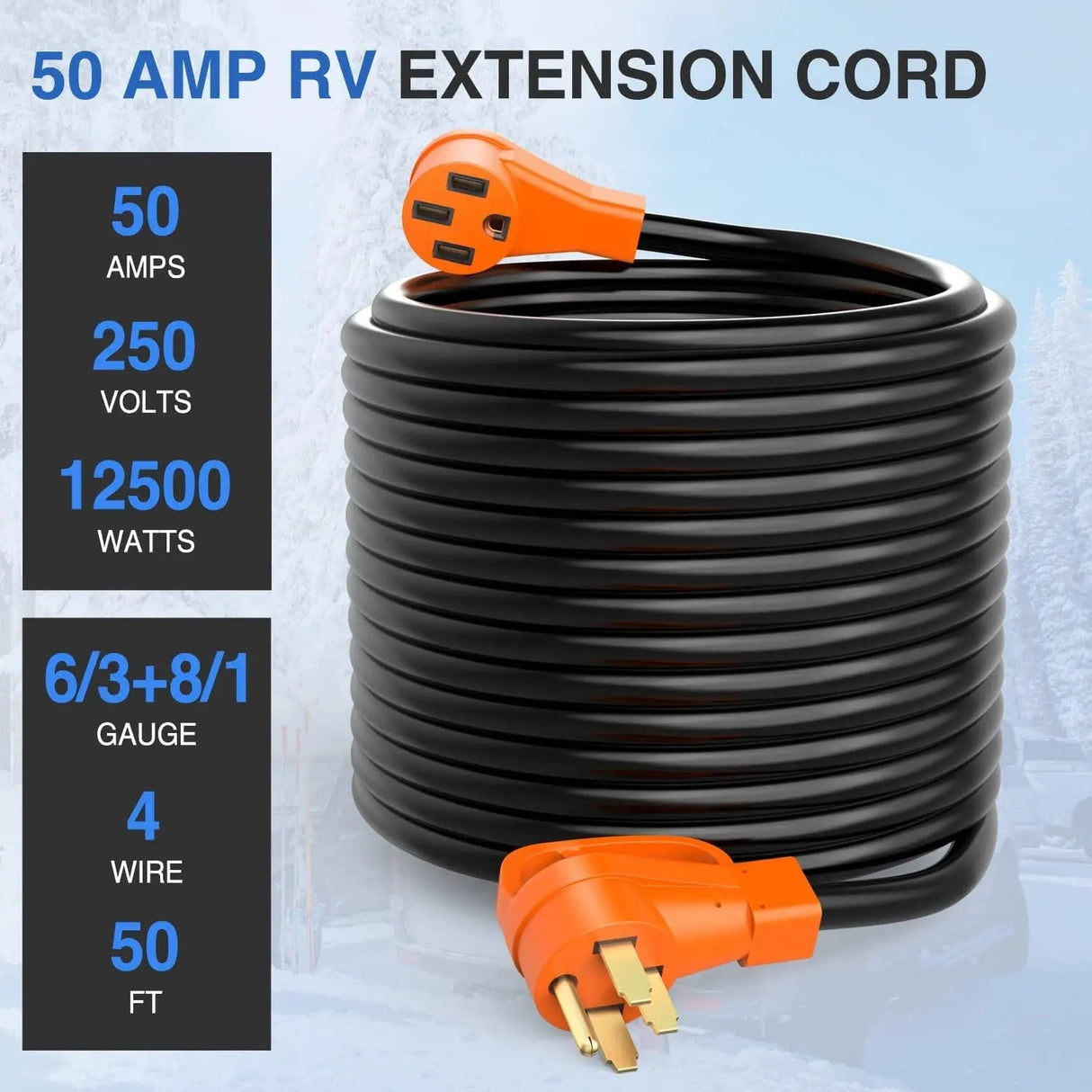 RV Parts 50 Amp 50FT RV EV Extension Cord 250V Heavy Duty 6/3+8/1 Gauge Pure Copper STW Wire UL ETL Listed 4 Prong Nema 14-50P 14-50R 50F/50M Cable Suit for RVs EVs Trailer Campers