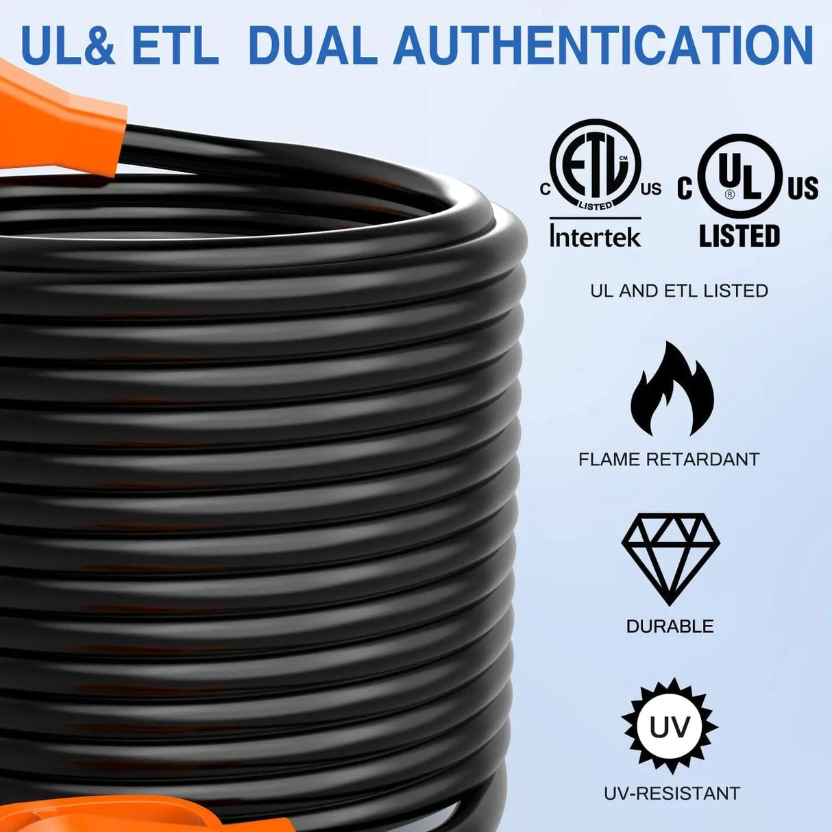 RV Parts 50 Amp 50FT RV EV Extension Cord 250V Heavy Duty 6/3+8/1 Gauge Pure Copper STW Wire UL ETL Listed 4 Prong Nema 14-50P 14-50R 50F/50M Cable Suit for RVs EVs Trailer Campers