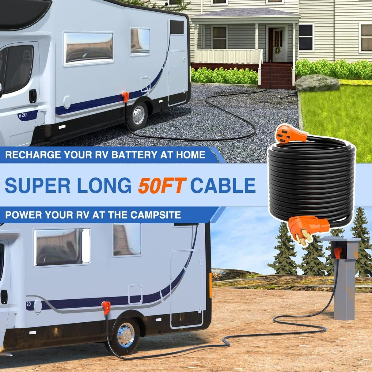 RV Parts 50 Amp 50FT RV EV Extension Cord 250V Heavy Duty 6/3+8/1 Gauge Pure Copper STW Wire UL ETL Listed 4 Prong Nema 14-50P 14-50R 50F/50M Cable Suit for RVs EVs Trailer Campers