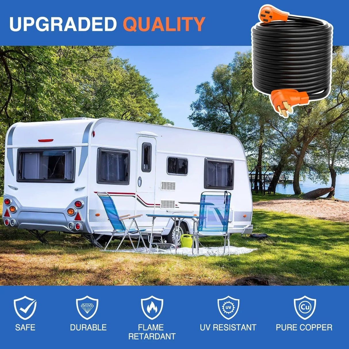 RV Parts 50 Amp 50FT RV EV Extension Cord 250V Heavy Duty 6/3+8/1 Gauge Pure Copper STW Wire UL ETL Listed 4 Prong Nema 14-50P 14-50R 50F/50M Cable Suit for RVs EVs Trailer Campers