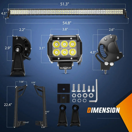 Light Bar Wiring Kit 52 Inch Double Row Spot Flood LED Light Bar | 4 Inch 18W Spot LED Pods (Pair) | 16AWG Wire 3Pin Switch | Windshield Frame Mount on Wrangler JK 2007-2017