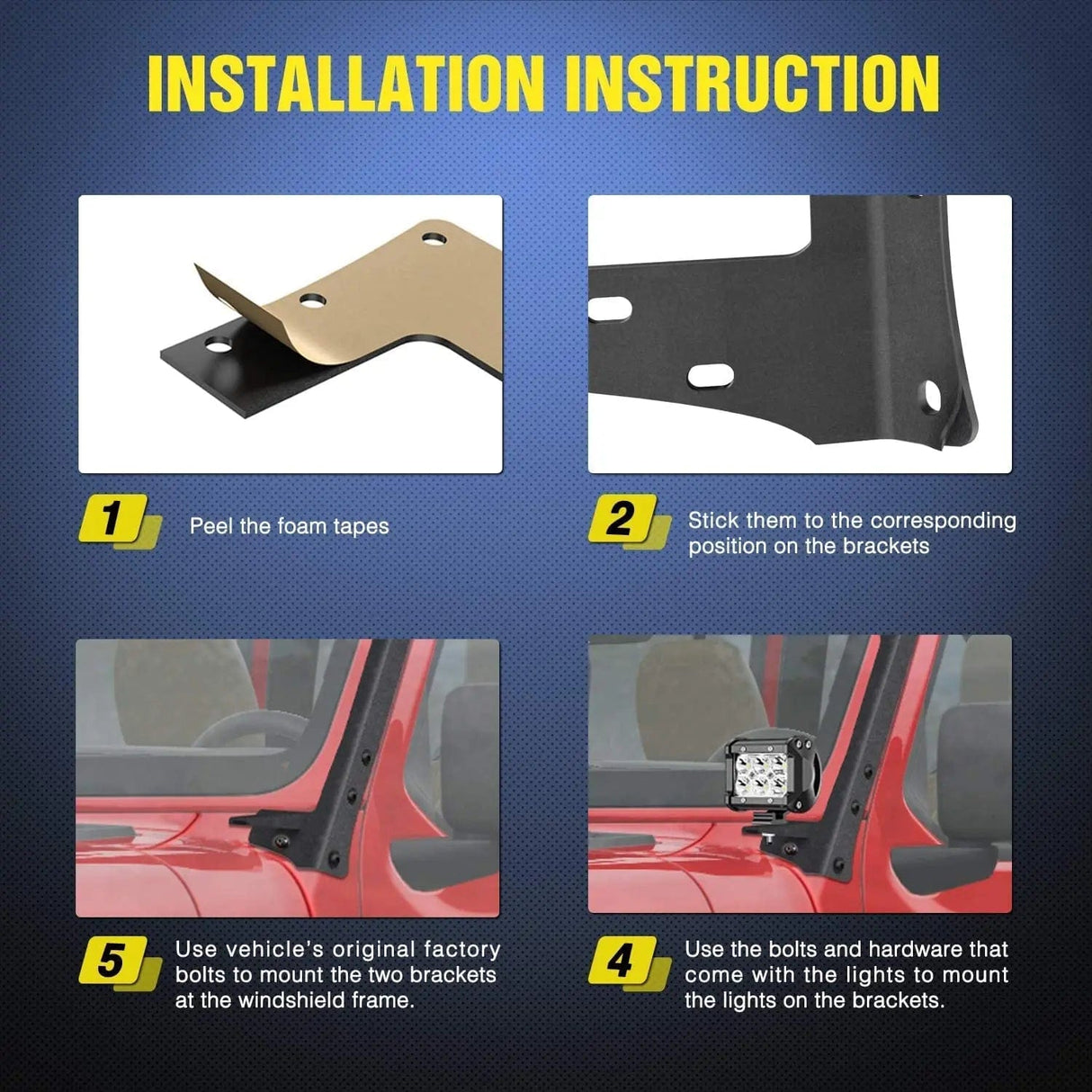 Light Bar Wiring Kit 52 Inch Double Row Spot Flood LED Light Bar | 4 Inch 18W Spot LED Pods (Pair) | 16AWG Wire 3Pin Switch | Windshield Frame Mount on Wrangler JK 2007-2017