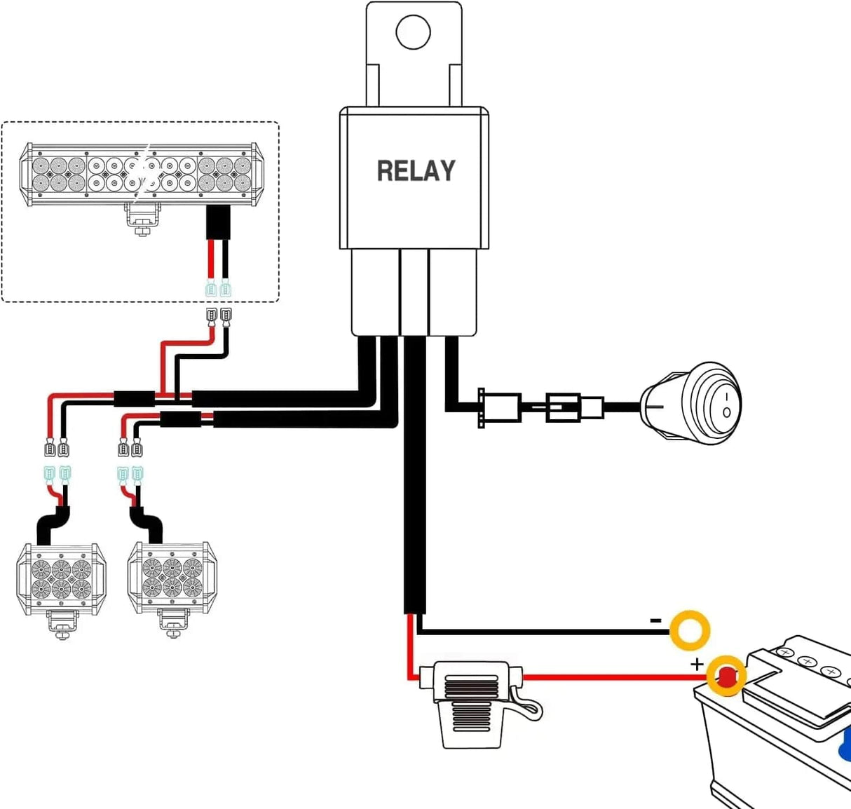 Light Bar Wiring Kit 52 Inch Double Row Spot Flood LED Light Bar | 4 Inch 18W Spot LED Pods (Pair) | 16AWG Wire 3Pin Switch | Windshield Frame Mount on Wrangler JK 2007-2017