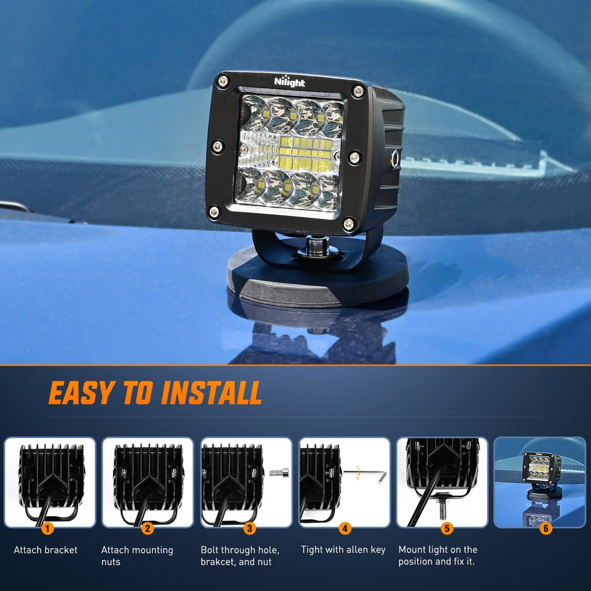 LED Light Bar 3 Inch 42W Upgraded Triple Row Spot Flood Square LED Pods  with Amber/Black Covers (Pair)