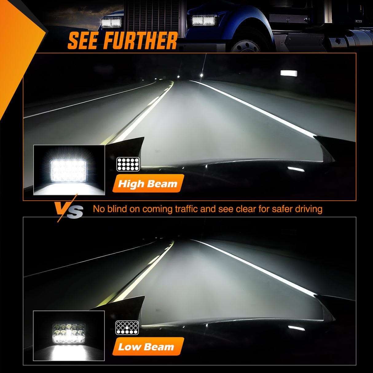 LED Headlight 4x6 Inch LED Headlights 45W Hi/Lo Sealed Beam Rectangular Headlight Replacement H4651 H4652 H4656 H4666 H6545 Compatible with Chevy Kenworth Peterbil Ford Freightliner Oldsmobile(Silver, 4PCS)